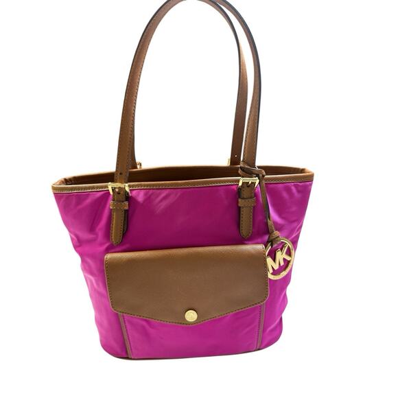 Michael Kors Jet Set Nylon Medium Pocket Tote Shoulder Bag Fuschia Pink 13x9x5 - Picture 1 of 12